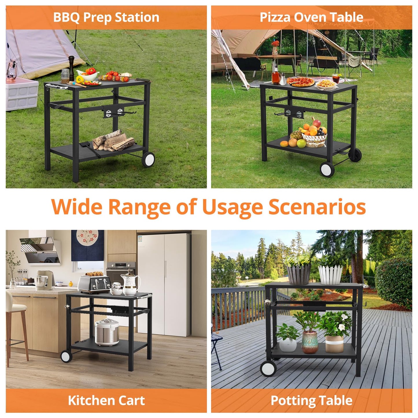 Dining Cart,Outdoor Grill Cart with Double-Shelf,with 4 Hooks, Side Handle,Wheels,Cooking Table for Outdoors, Kitchen or Backyard Patio, Movable BBQ Trolley,Multifunctional and Commercial (Black)