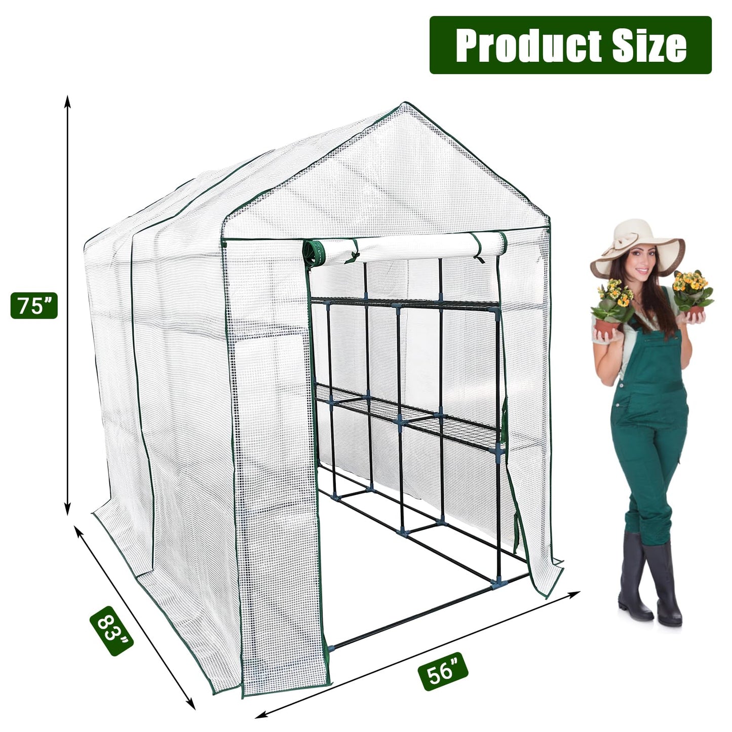 Walk in Greenhouse for Outdoors - All Season Plant House with 6 Shelves, Mesh Windows, Waterproof Cover, Roll-Up Zippered Door, 3 Tier Garden Hot House for Seedling Flowers Growing for Patio, Backyard