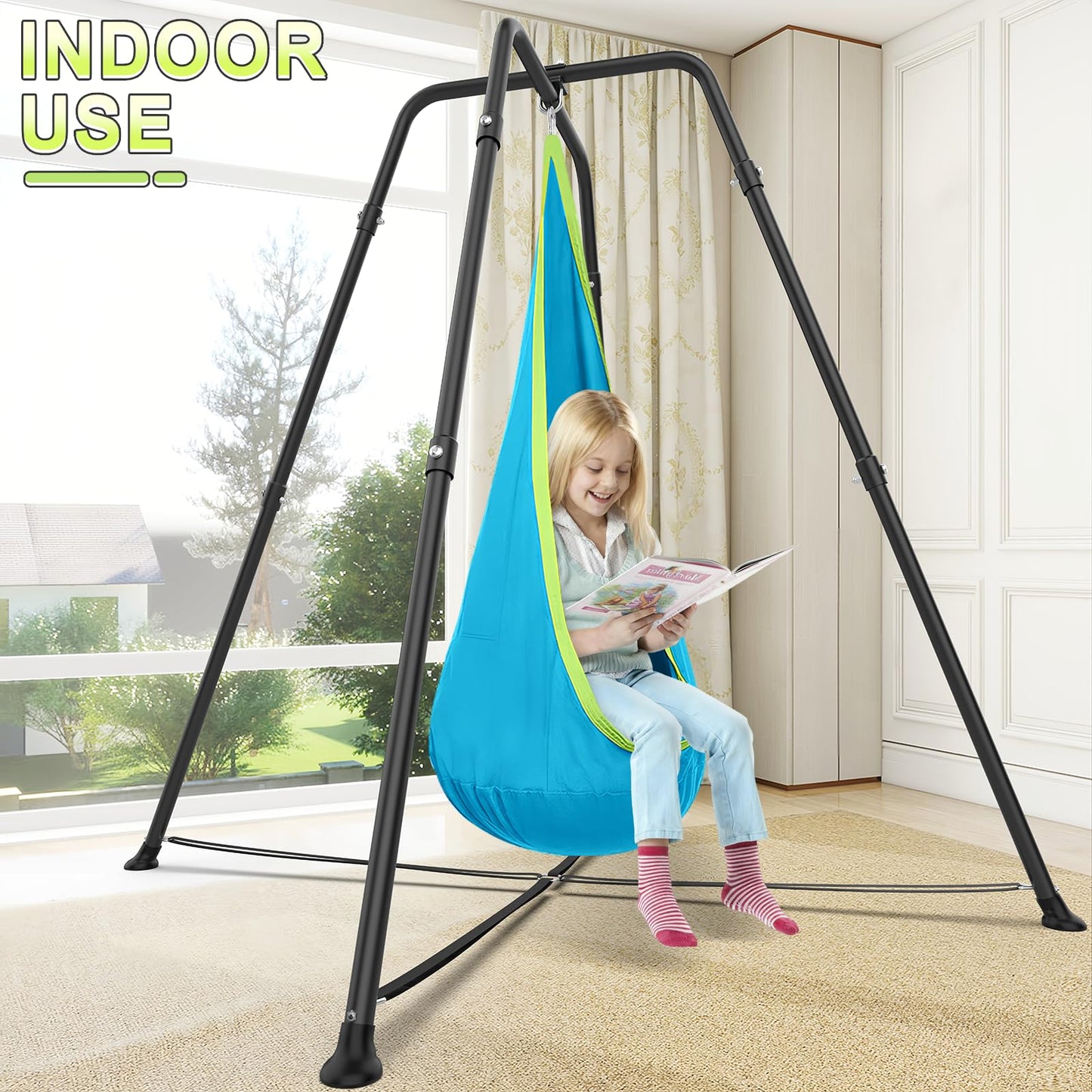 Swing Stand with Sensory Swing, Swing Frame with Pod Swing, X-Shaped Swing Set, Metal Swing Chiar with Stand for Adults Indoor and Outdoor 330LBS (Aqua Gradient)