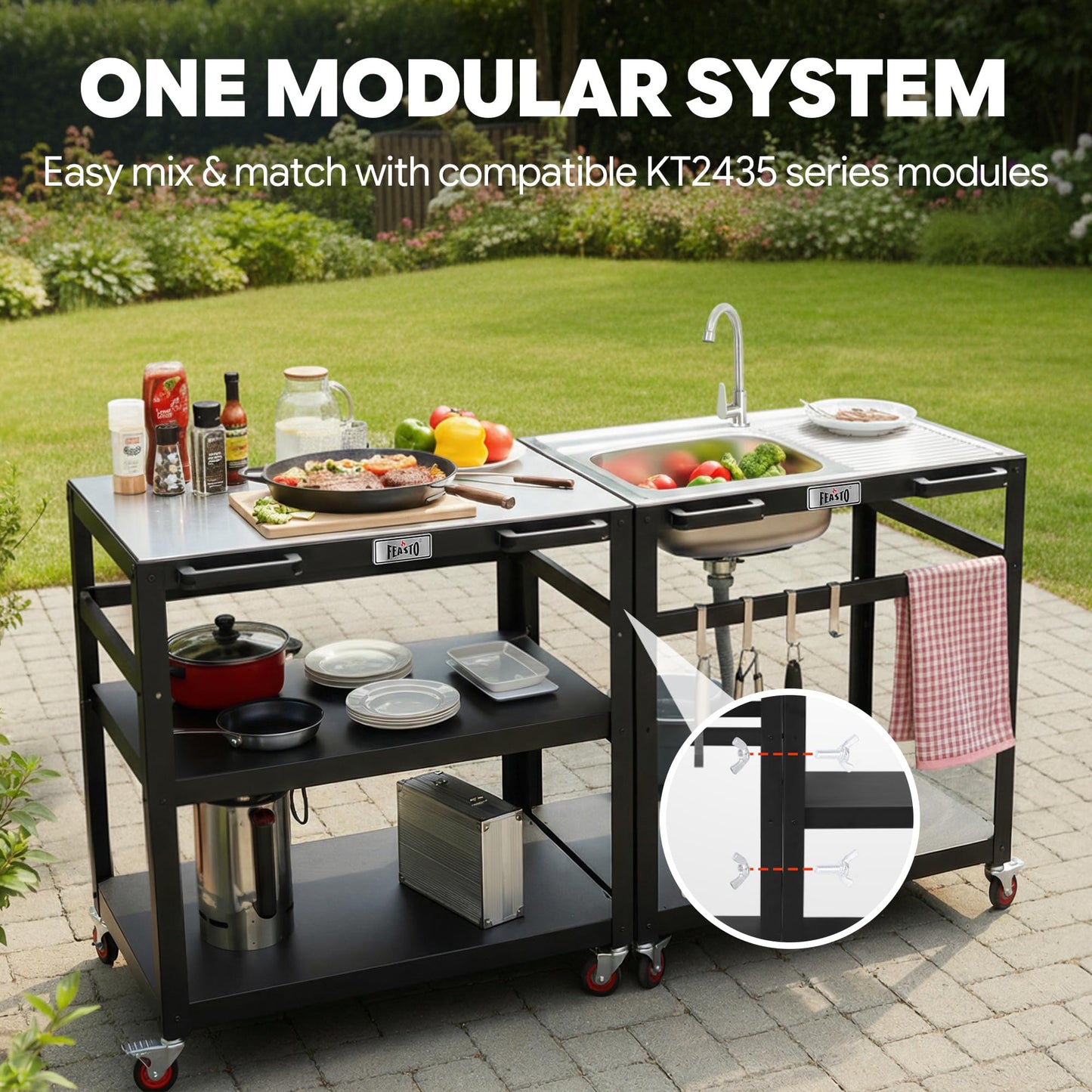 FEASTO 35-Inch Outdoor Grill Cart with Stainless Steel Sink, Rolling BBQ Prep Table with Faucet, Storage Shelves and Lockable Wheels for Patio, Backyard and Outdoor Cooking, Silver & Black
