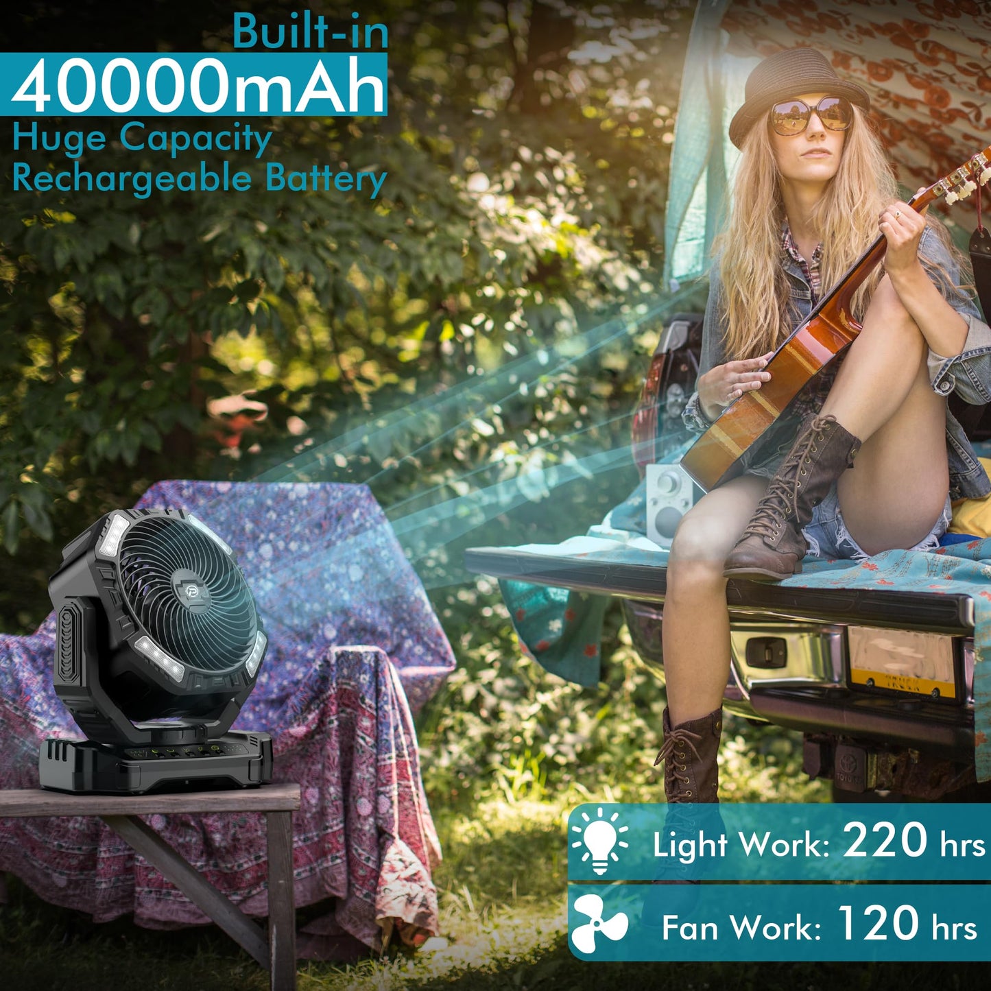 AddAcc 40000mAh Battery Operated Camping Fan & Portable Rechargeable Desk/Camping Fan with Light and Hook