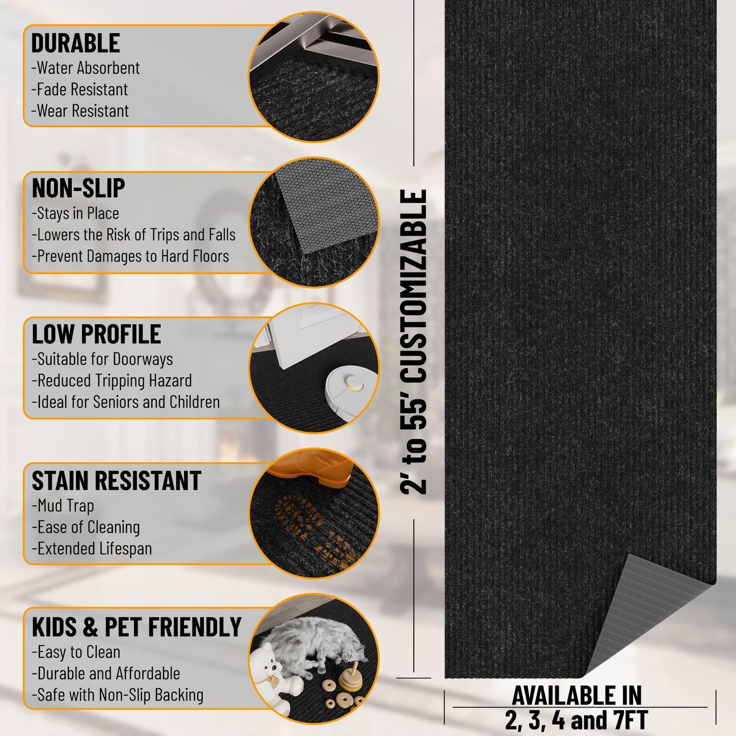 Ottomanson 3'11" x 17' Hallway Runner with Scraper Pile - Extra Durable Non-Slip Rug Mat for Indoor & Outdoor Use - Ideal for Kitchen, Entryway & Garage - High-Traffic Carpet, Black