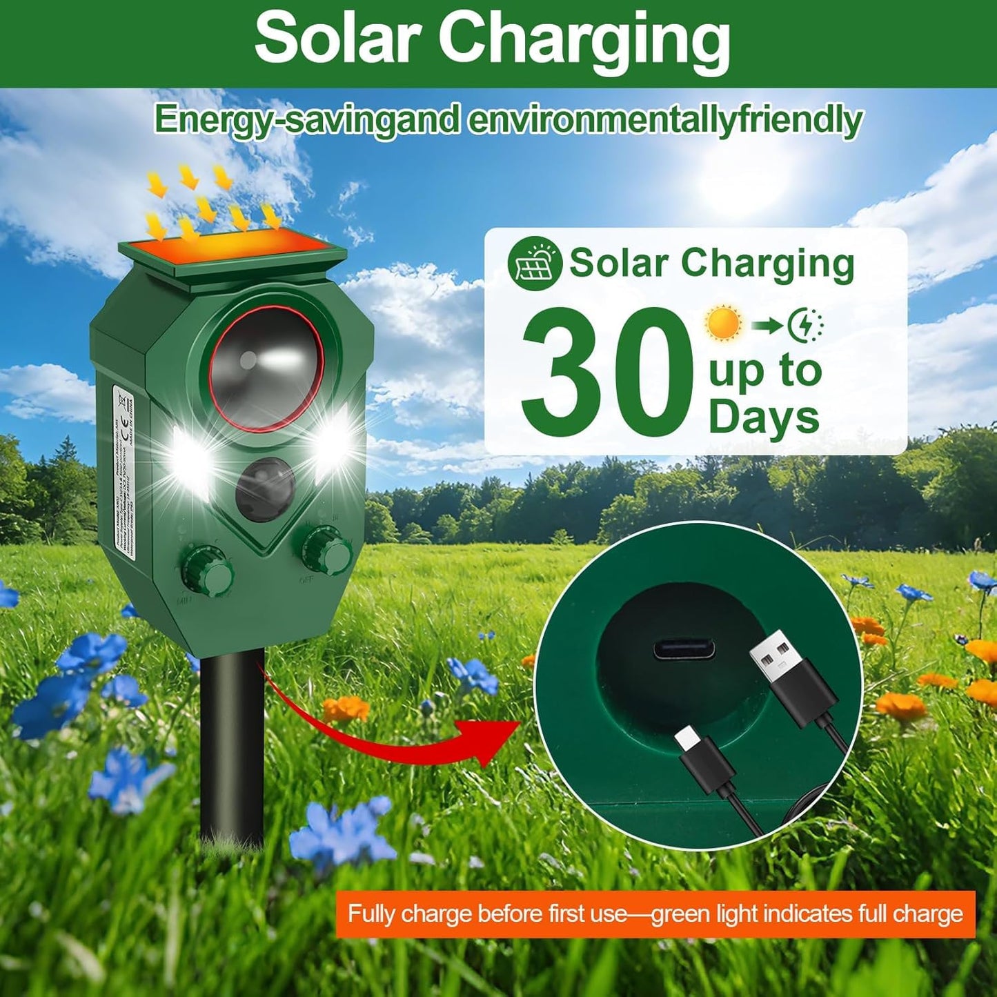 Ultrasonic Animal Repeller Outdoor - Cat Repellent & Deterrent with PIR Sensor & Flashing Light,Solar Powered Deer Repellent for Squirrel,Raccoon,Skunk,Rabbit,and Dogs,IP65 Waterproof （4 Pack）