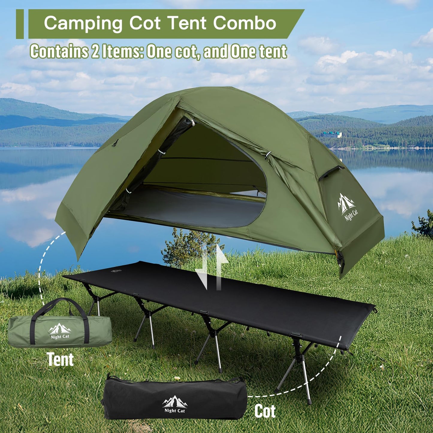 Night Cat Camping Cot Tent with Self-Inflatable Camping Pillow 1-Person Off-Ground Combo Cot Bed for Adults Portable Easy Set-up Tent