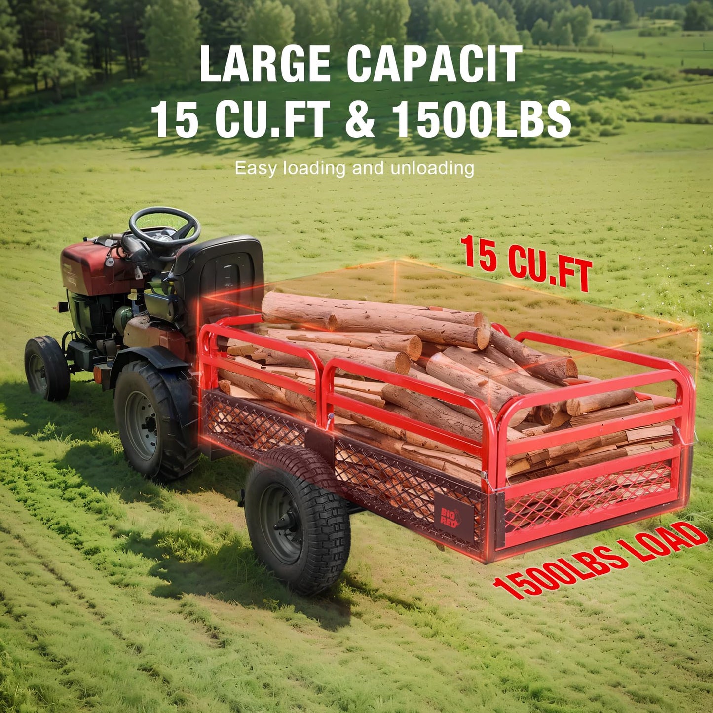 Big RED Heavy Duty ATV Dump Trailer, 1500lb Capacity 15 cu.ft Utility Cart with Red Steel Railings,16" Tires for Tractor, UTV