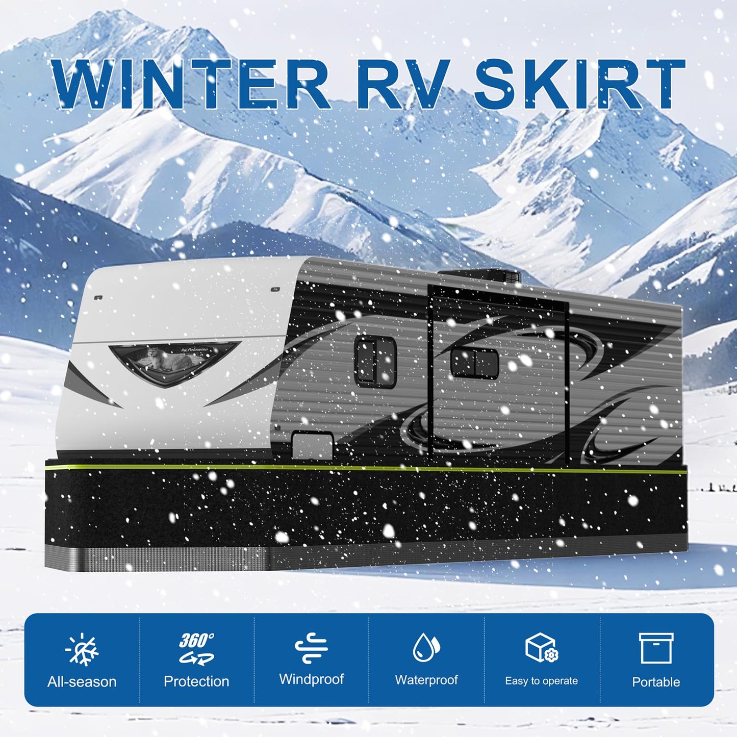 RV Skirting for Travel Trailers & 5th Wheels - Heavy Duty Insulated Camper Skirt Kits for Winter, All Weather Waterproof Windproof Cold Weather & UV Underpinning Cover, Black 65.6ft x 2.6ft