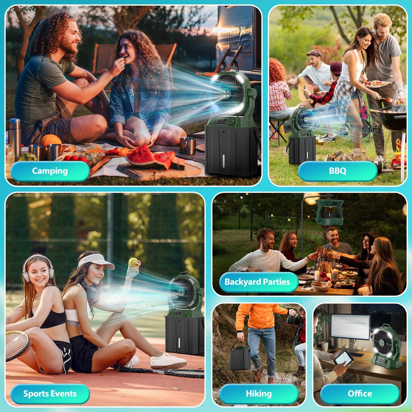 Wilody Portable Misting Fan Rechargeable with Remote Control, 6L Bucket Camping Fan with LED Lights & Stepless Speed Control & Cooling Mist, Portable Handle & Rotate Hook, Timer Function(Deep Green)