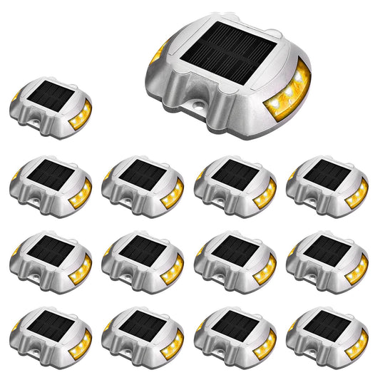 JIGUOOR Solar Deck Lights LED Driveway Lights Solar Powered Dock Light Outdoor IP68 Waterproof Road Markers for Step Sidewalk Stair Boat Garden Ground Pathway Yard (Yellow, 14 Pack)