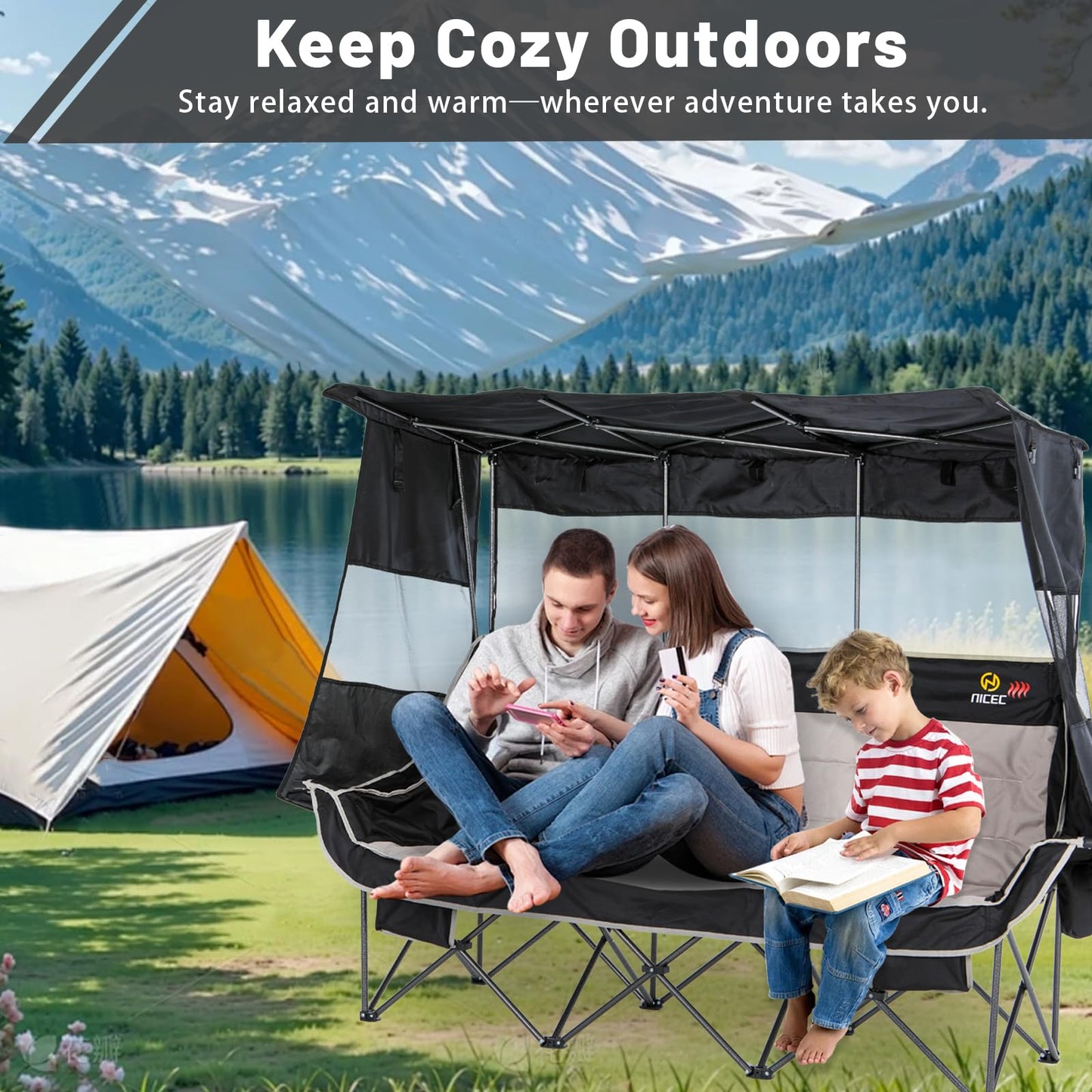 Nice C Heated 3 Seat Camping Chair with Canopy, Heated Double Folding Couch Loveseat Bench With Battery, Portable Oversized Padded Sports Umbrella Chair With Shade, Cup Holder, For Adults Outdoor Lawn