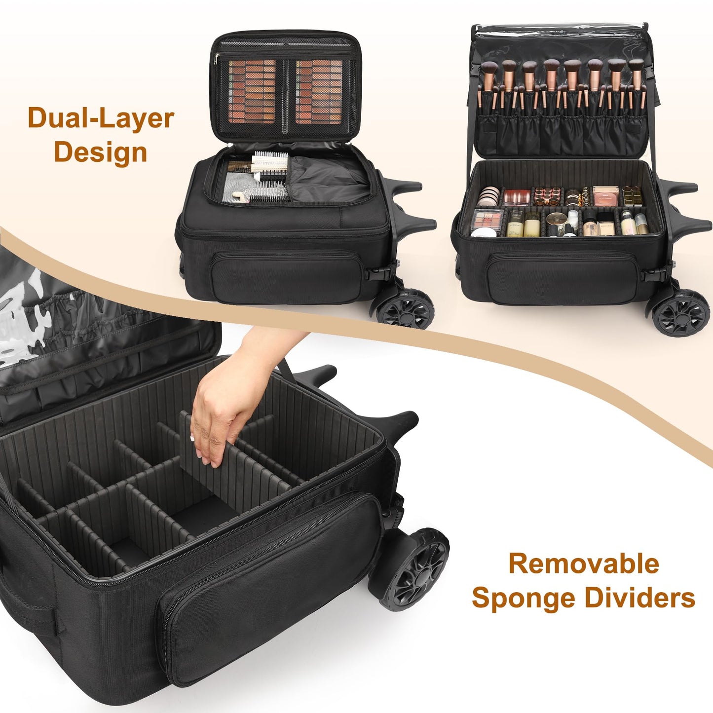 Relavel Rolling Makeup Case with Makeup Brush Case, Large Make Up Travel Organizer with 2 big Wheels, Professional Lockable Makeup Artist Backpack with Adjustable Dividers for Daily Use, Trip - Black