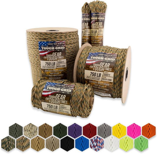 TOUGH-GRID 750 Paracord Rope Nylon Parachute Cord, Made in USA Survival Kit, Outdoor Adventures, Camping, Tactical Gear & Emergency Supplies, Military Type IV Mil-Spec