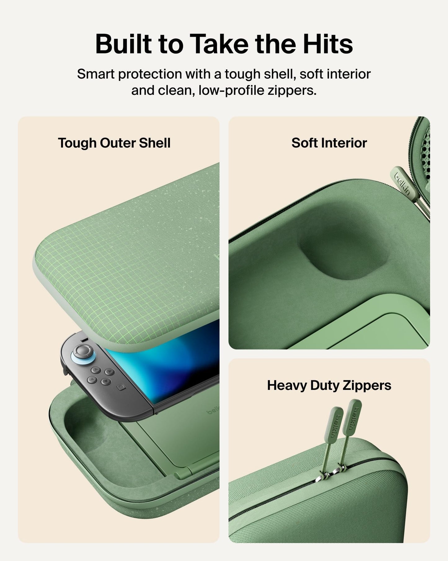 Belkin Nintendo Switch 2 Charging Case Pro, 10000mAh Power Bank, 30W Fast Charging w/Kick Stand - Custom Fit, Hard Shell Carrying Case, 12 Game Card Slots, AirTag Holder, Digital Display - Sage