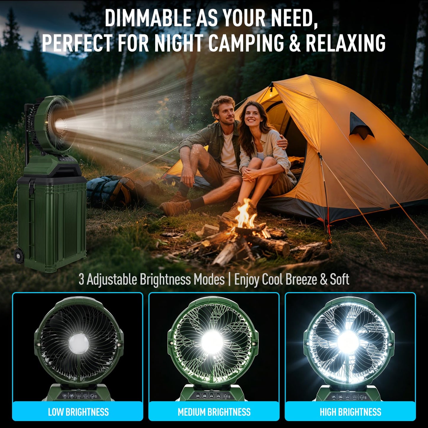 ZMLBTF 30L Portable Misting Fan, Bucket Rolling Mist Fan, 30000mAh Rechargeable Outdoor Cooling Fan with Remote, 4 Speeds, 3-Speed Light, for Patio, Camping, Sports, Outside & Travel(Green)