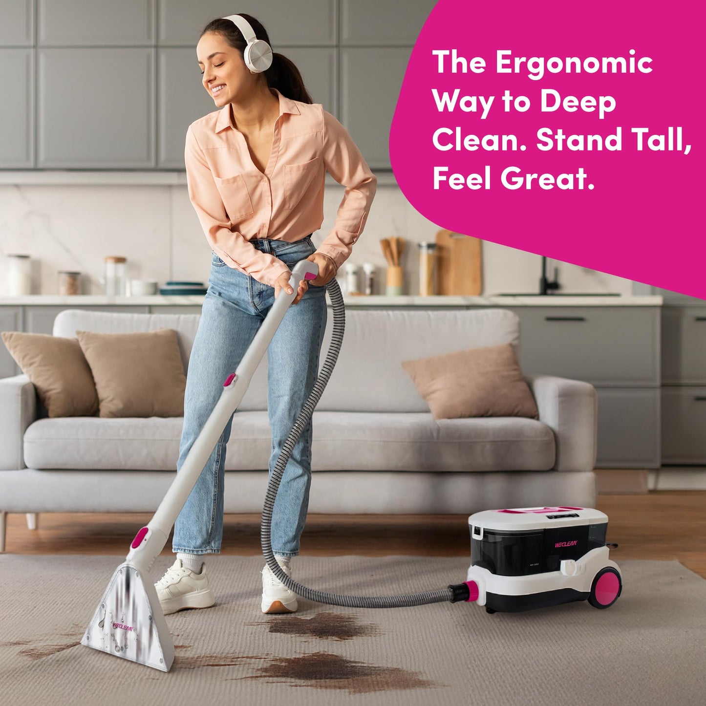 WECLEAN C4 Portable Carpet Cleaner Machine, Stand Up Upholstery Cleaner with 18KPa Powerful Suction, 800W Spot Cleaner for Pet Stains, Carpet, Rug, Couch and Car Interior, Dual Tank System, Pink