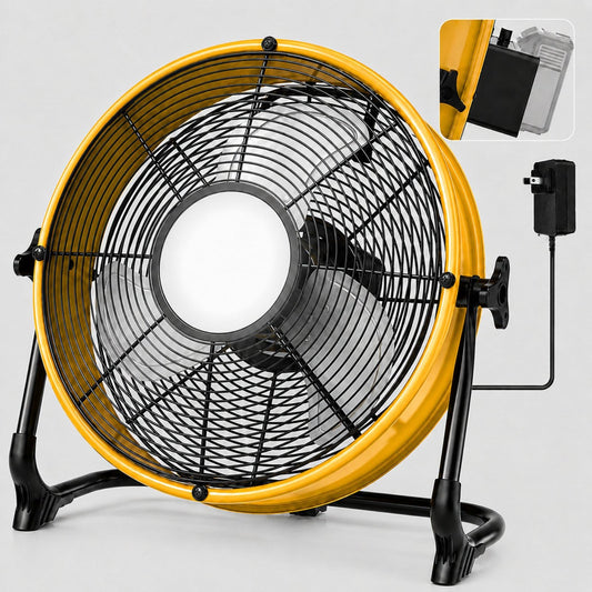 T-SUN 16'' Cordless Battery Powered Fan Compatible with Dewalt 18V/20V Battery, Portable Floor Fan with LED Light, USB Type C Port, Stepless Speeds, Industrial Fan for Garage Patio Warehouse Camping