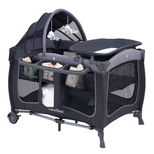 Pamo Babe Baby Playard with Canopy, Portable Crib with Changing Table