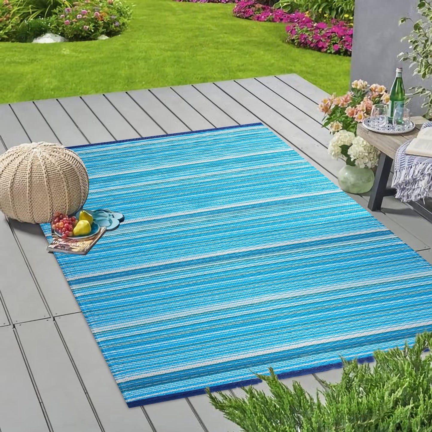 Wefavor Reversible Outdoor/Indoor Plastic Rug Plastic Straw Rug Waterproof Portable Mat, Easy to Clean and Fold,Perfect for Garden, Patio, Picnic, Decking-（Blue，9x12Ft）