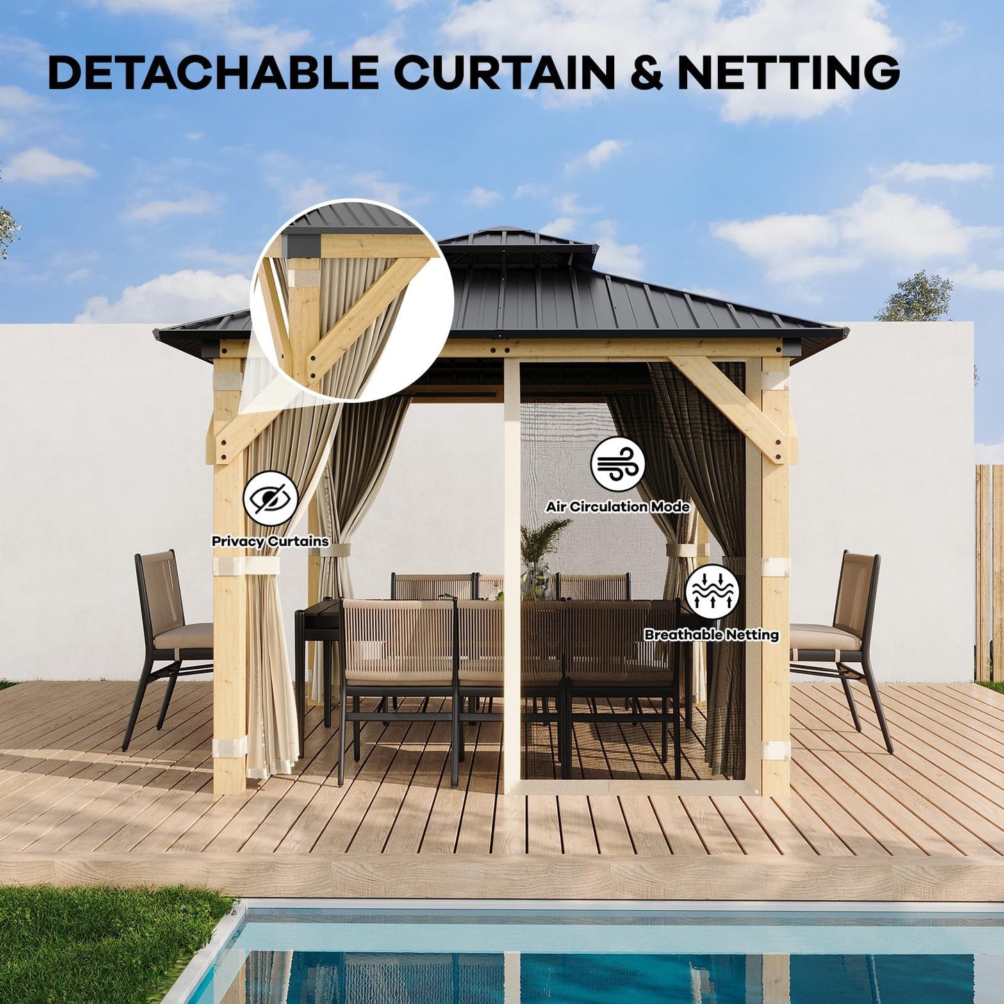 10x10 ft Wood Gazebo, Upgrade Spruce Frame and Double Galvanized Steel Roof, Hardtop Gazebo