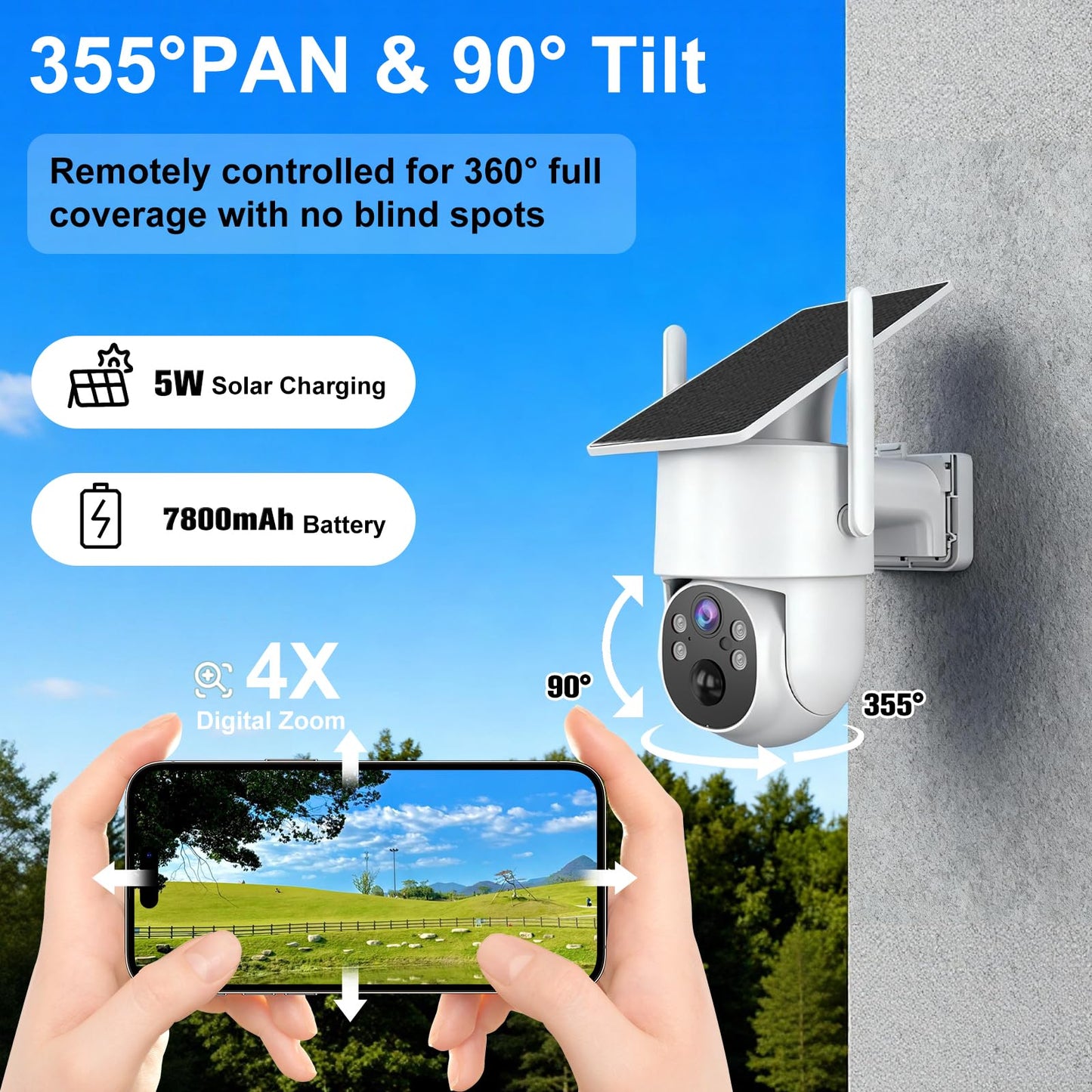 CUUKSHKN 4G LTE Cellular Security Camera Outdoor Wireless，365-Day Free Unlimited Data,No WiFi Security Camera Solar Powered,2K 360°Viewing,Color Night Vision,PIR Motion Sensor, 64GB SD Card Included