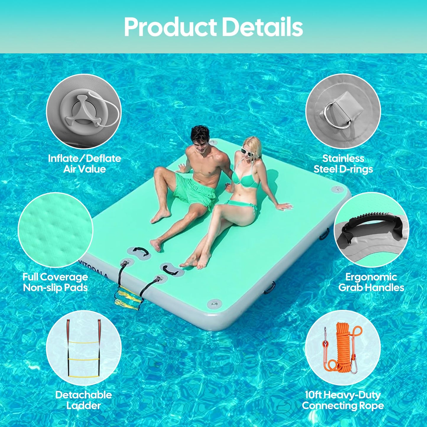 Inflatable Floating Dock, Water Island Float Raft Mat with Non-Slip Surface, 5FT/8FT/10FT Air Deck Platform, 6 Inch Thick for Pool, Lake, River, Beach, Ocean (Mint Green, 5 ft x 6.6 ft x 6")