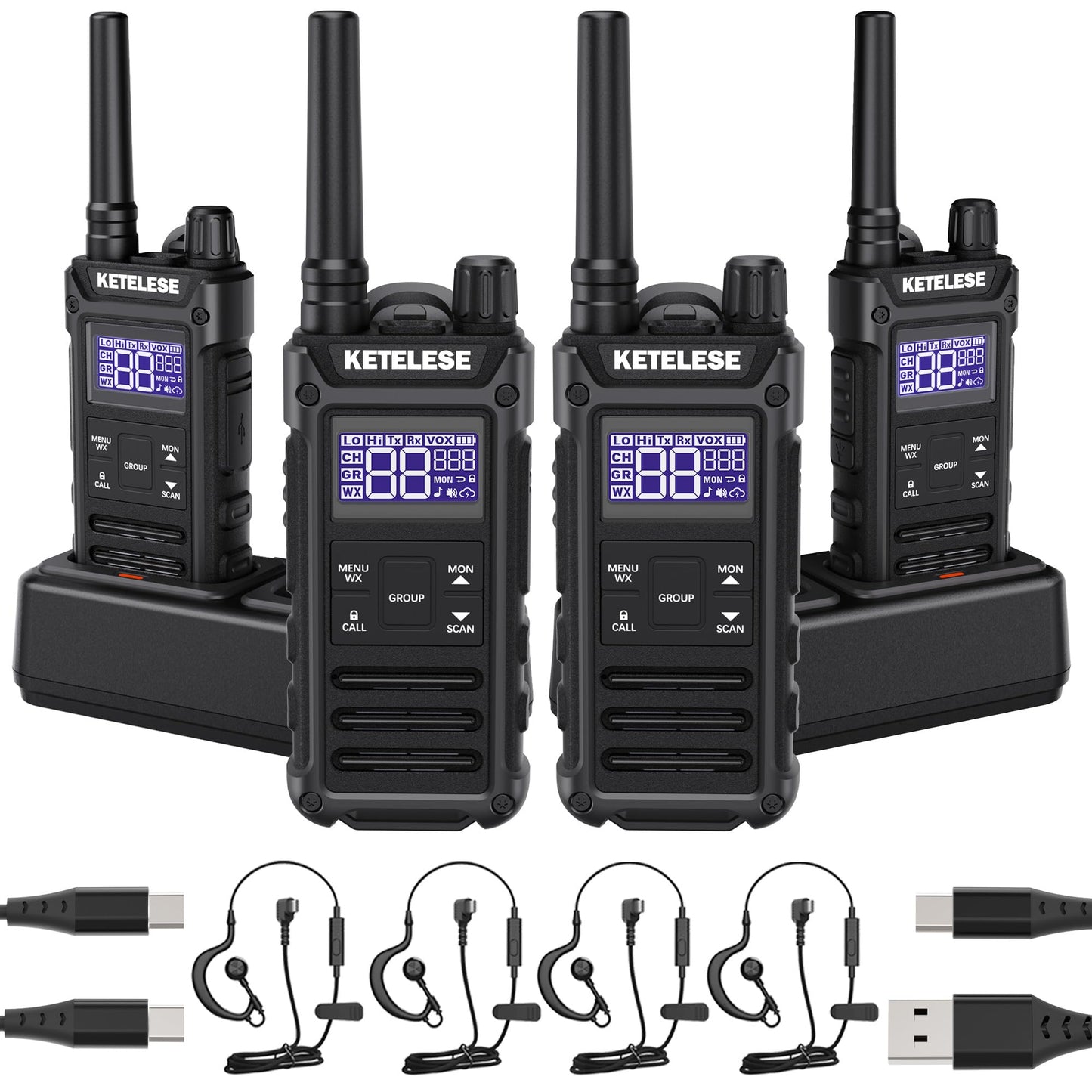 KETELESE T3G IP67 Waterproof Walkie Talkies Rechargeable, Heavy Duty 2 Way Radios with Earpiece and Mic, Dock, USB, NOAA Weather Alert, Group PTT (4 Pack), Black/Grey