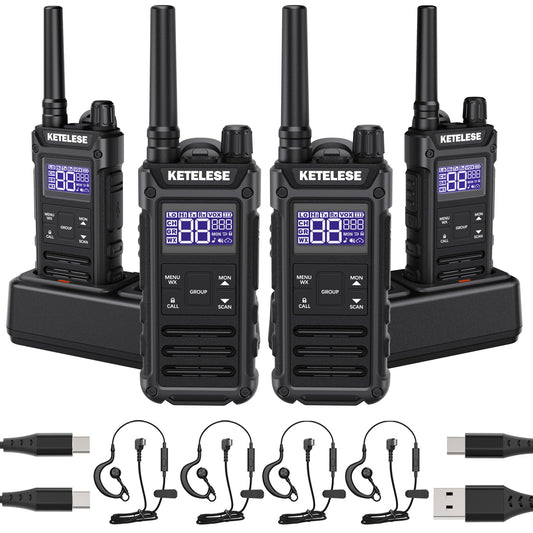 KETELESE T3G IP67 Waterproof Walkie Talkies Rechargeable, Heavy Duty 2 Way Radios with Earpiece and Mic, Dock, USB, NOAA Weather Alert, Group PTT (4 Pack), Black/Grey