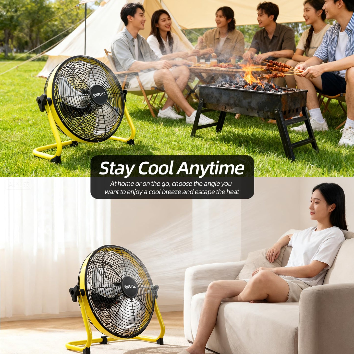 JONFLYER 12 Inch Portable Battery Operated Floor Fan, Rechargeable High-Velocity Cordless Fan with 12 Speed 360° Adjustable Tilt Quiet for Camping, Outdoor, Gazebo, Greenhouse, Gym, Garage