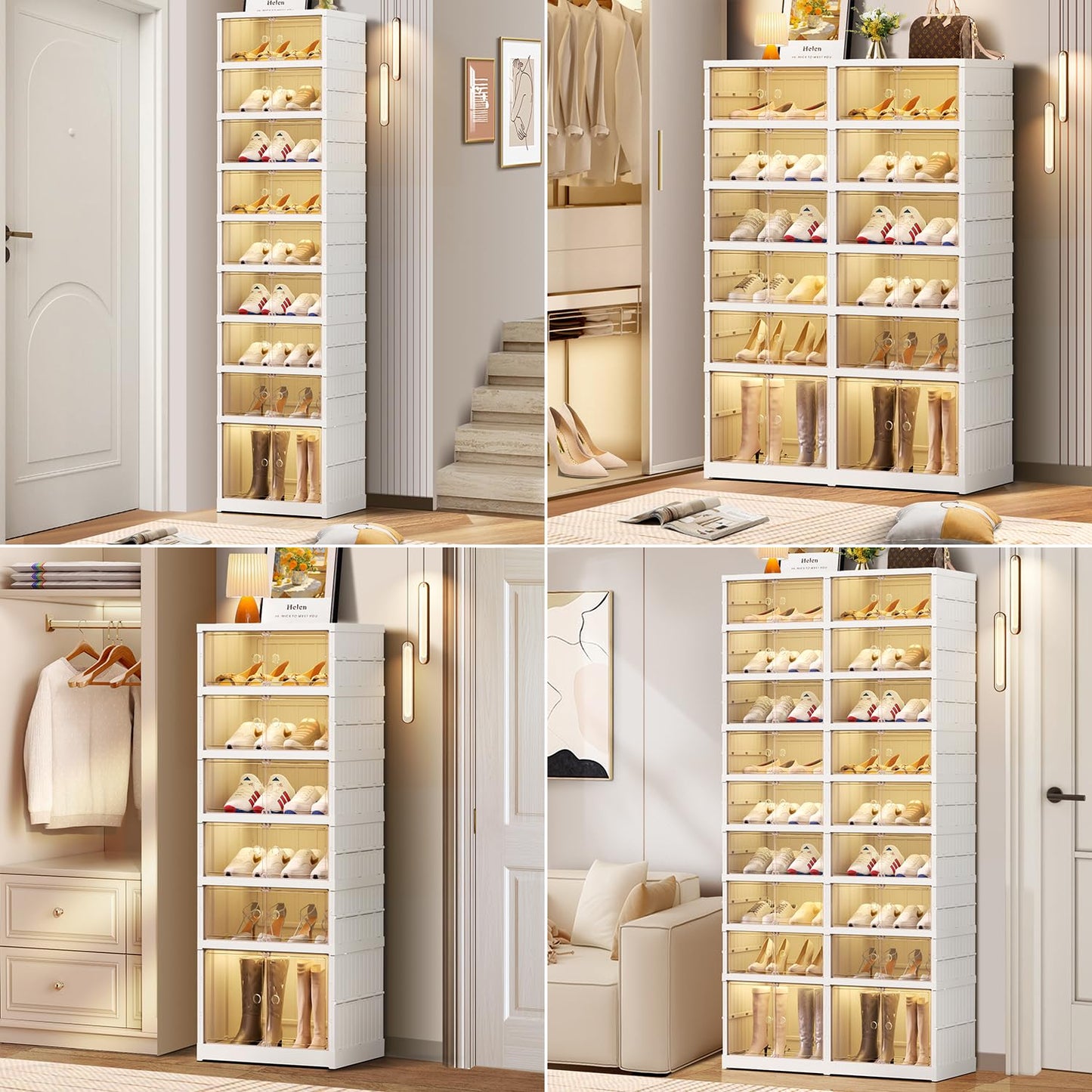 CIMLORD 9-Tier Foldable Shoe Rack Organizer for Closet 18Pairs Plastic Shoe Shelf Collapsible Shoes Storage Box Clear Shoe Boxes Stackable with Door Easy Assembly Shoe Cabinet with Lids Large