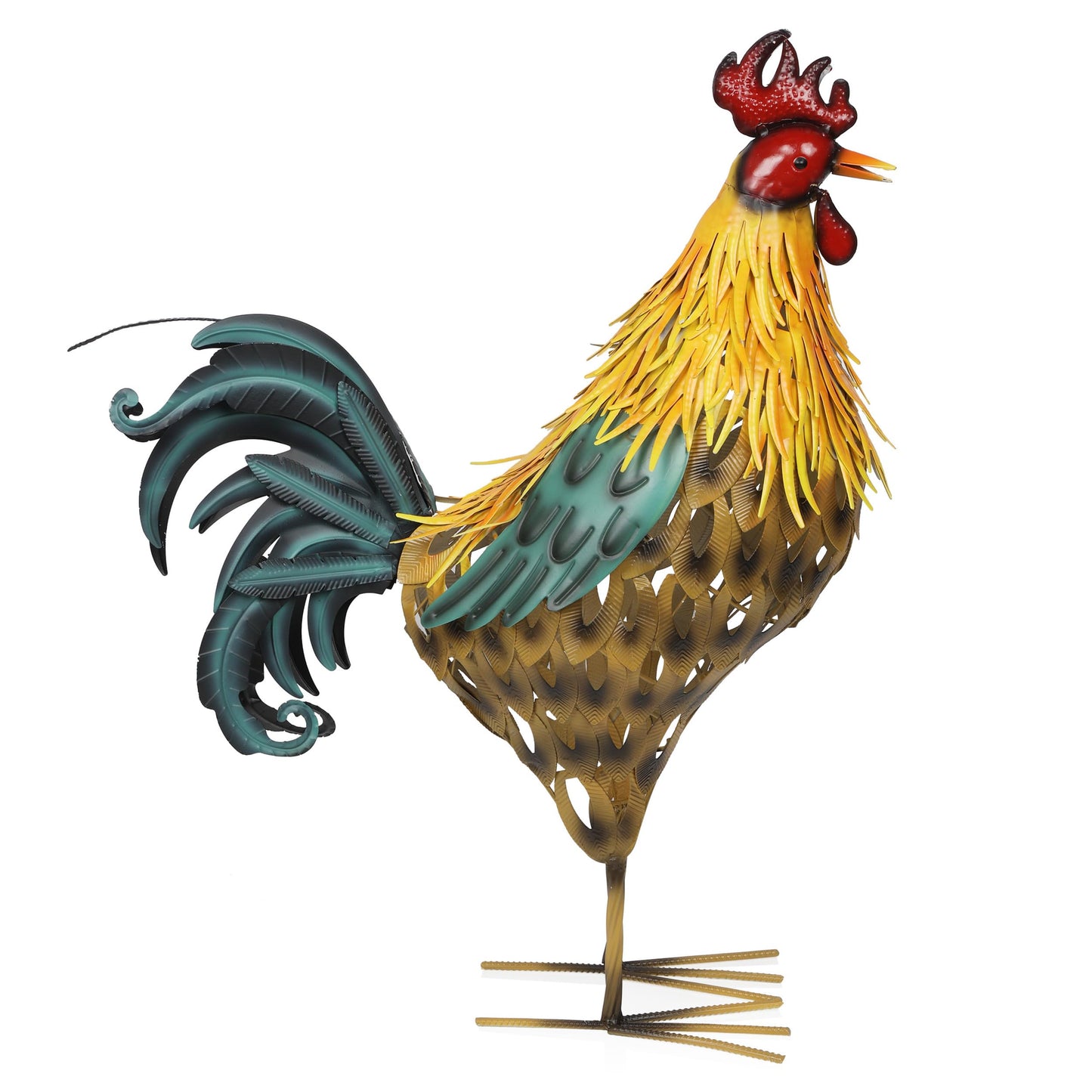 Alpine Corporation 28" Tall Outdoor Metal Feathered Rooster Statue with Vibrant Design, Garden Decor, Yellow