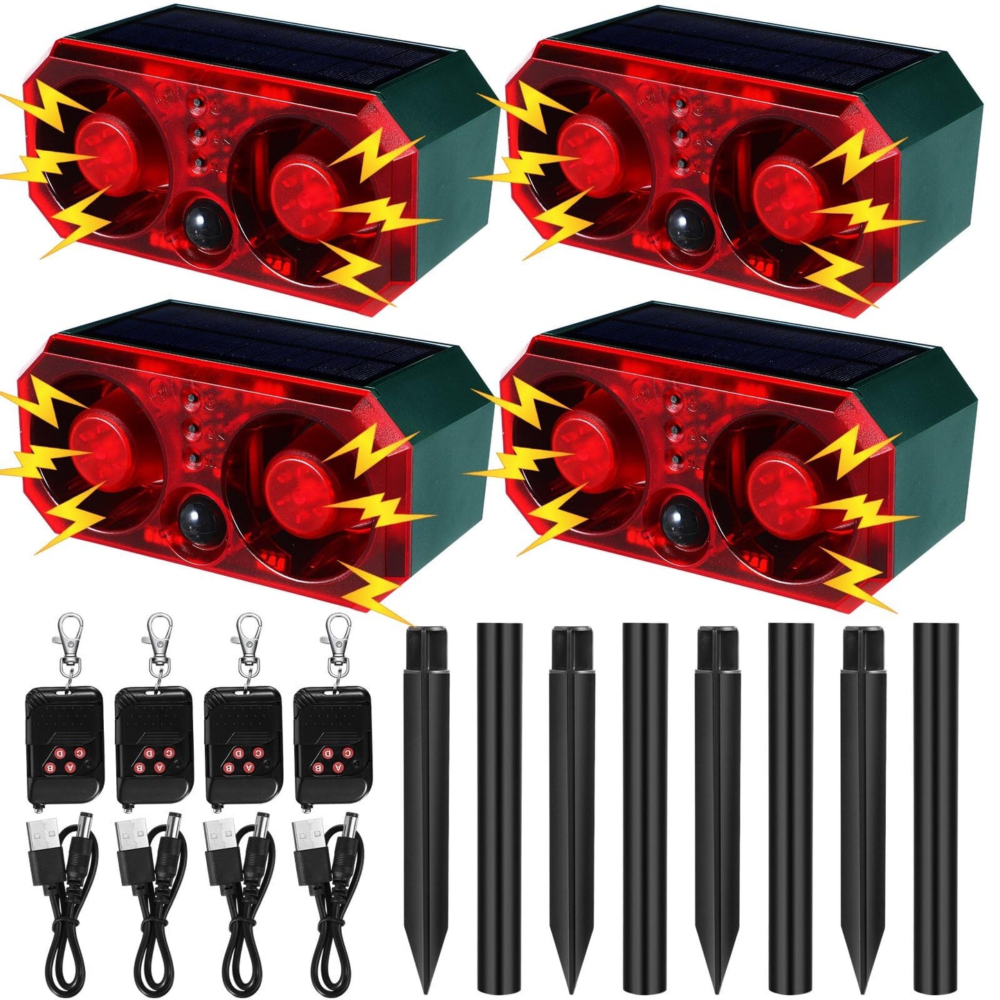 Qualirey 4 Pcs Solar Outdoor Motion Sensor Alarm with Stake Animal Deterrent Dog Barking Sensor 13 Sound 130db Loud Noise Maker 4 Mode with USB Remote Control Support Recording Volume Adjustment