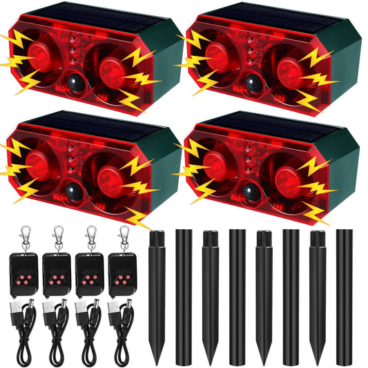 Qualirey 4 Pcs Solar Outdoor Motion Sensor Alarm with Stake Animal Deterrent Dog Barking Sensor 13 Sound 130db Loud Noise Maker 4 Mode with USB Remote Control Support Recording Volume Adjustment