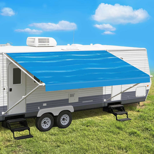Leaveshade RV Awning Fabric Replacement Camper Trailer Awning Fabric Super Heavy Vinyl Coated Polyester 15'3''(Fit for 16' Awning)- Blue Wave