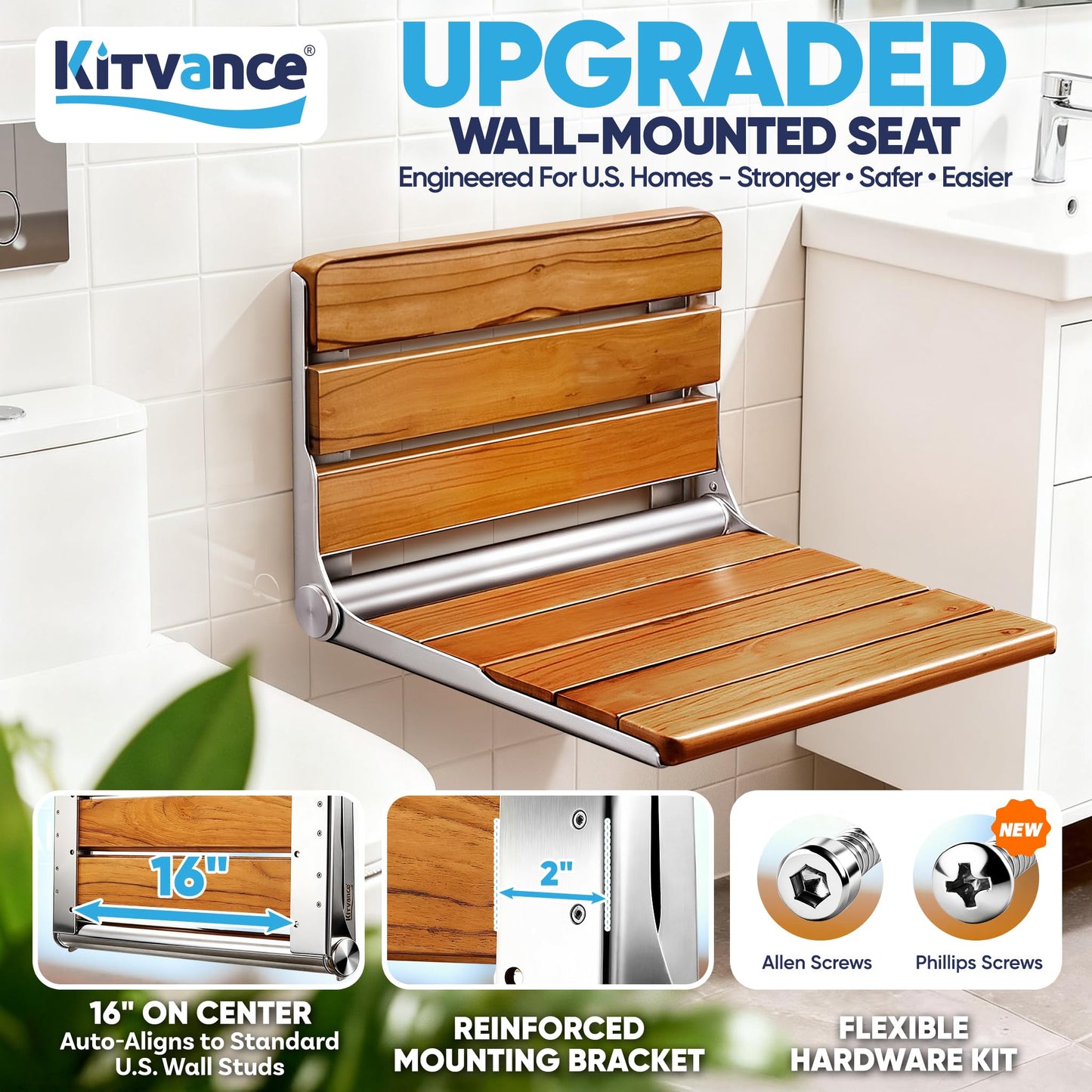 [Upgraded Version] 20" Folding Teak Shower Seat Wall Mounted- Shower Bench for Inside Shower, ADA Compliant Teak Shower Seat Wall Mounted Bench Bathroom Stool, Folding Bathtub Shower Seat for Elderly
