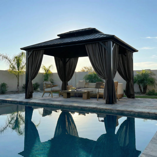 HOTEEL 10x12 Hardtop Gazebo On Clearance with Galvanized Steel Double Roof,Heavy Duty Gazebo with Flame-Retardant Curtain & Netting, Aluminum Frame Outdoor Canopy for Patio, Party, Black