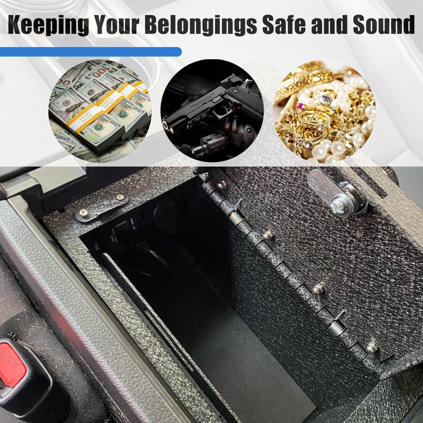 Center Console Gun Safe Vault - TuoJue Console Safe Lock Box Compatible with 2021-2026 Ford Bronco With Full Floor Console Model, with Superior Fingerprint Lock, Center Console Organizer