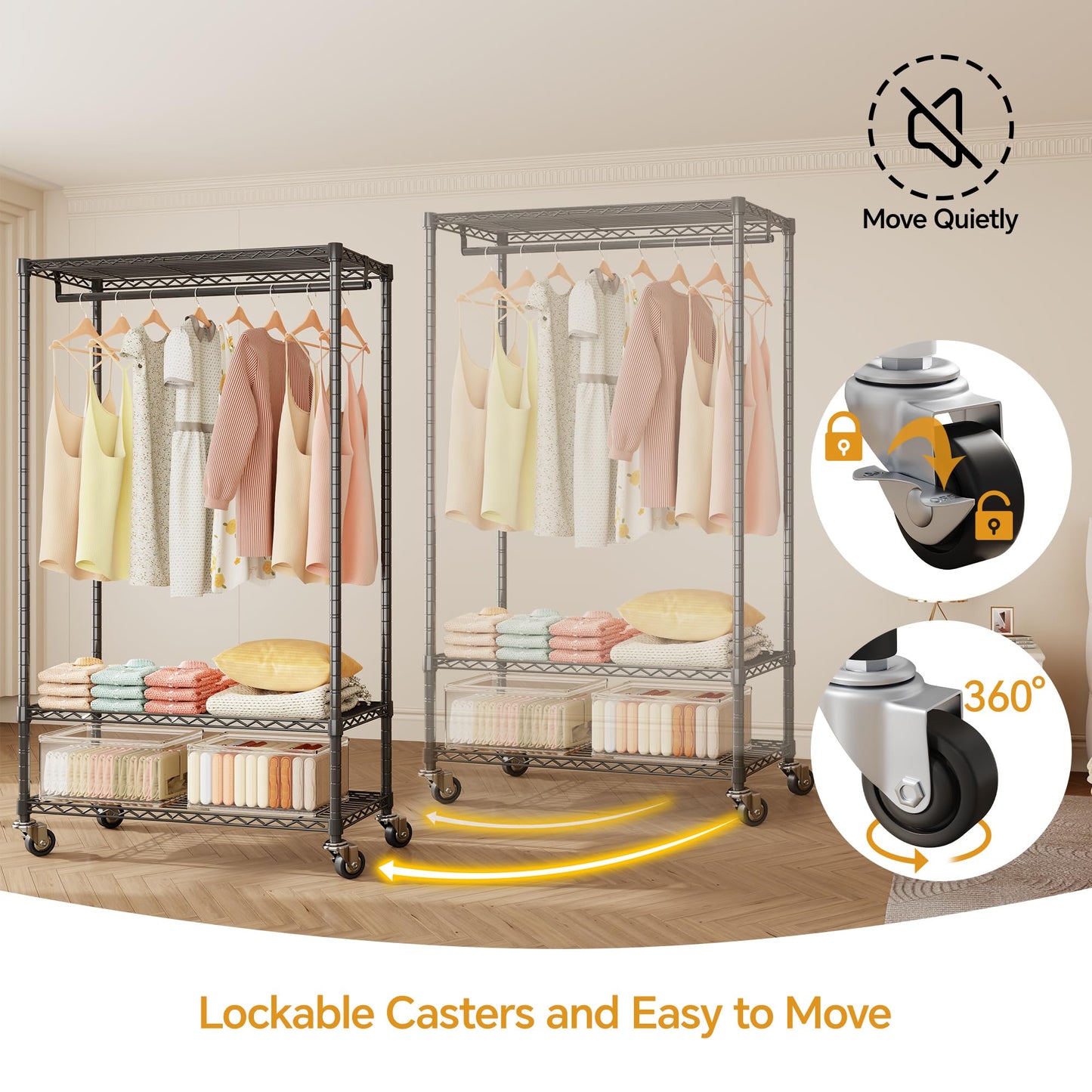 Higeego H4 Heavy Duty Clothes Rack with Cover, Rolling Garment Rack on Wheels, Portable Closet for Hanging Clothes, Black Clothing Rack with Grey Cover, Max Load 380LBS