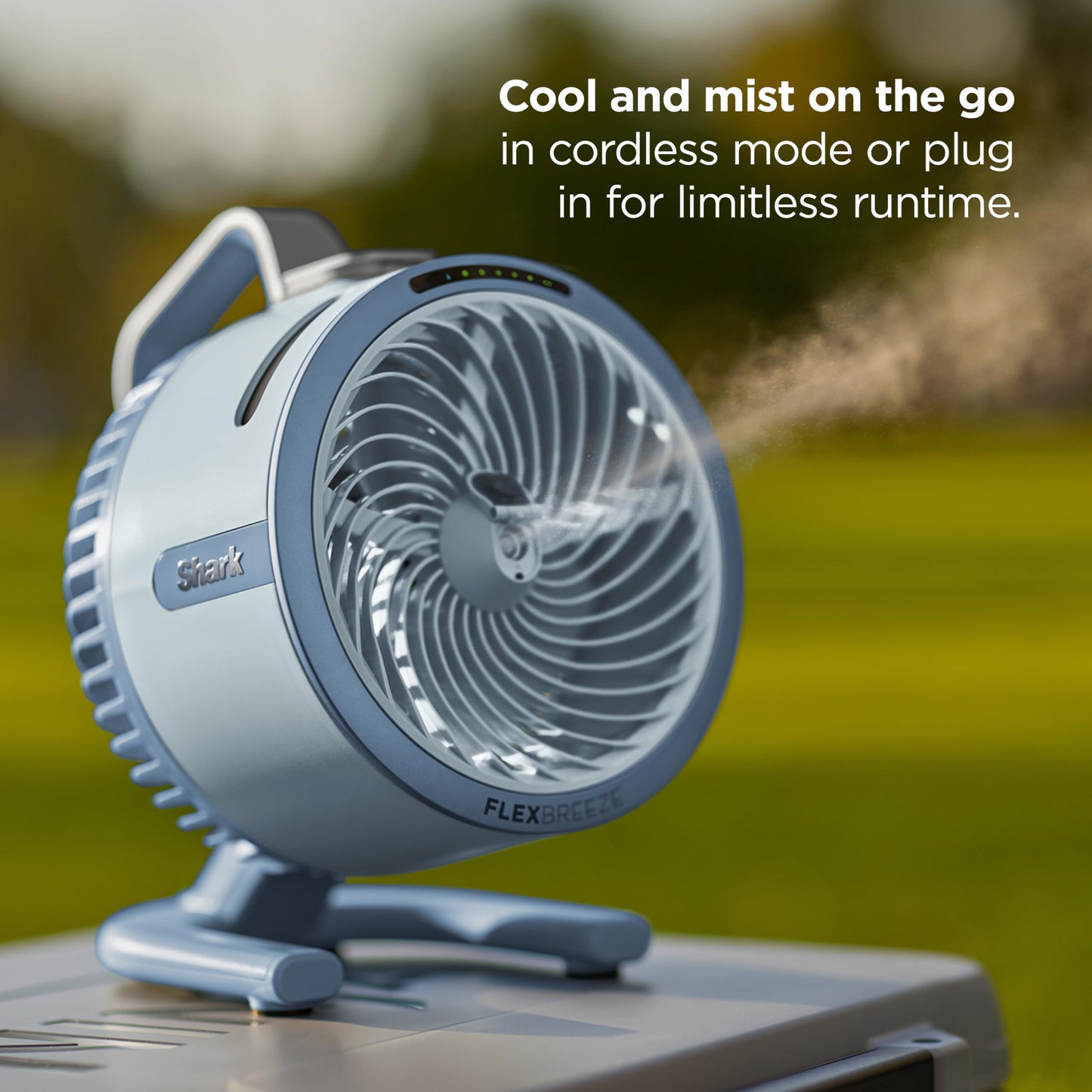 All-New Shark FlexBreeze HydroGo Pro Fan, Indoor & Outdoor Powerful Cooling Fan with Dry-Touch Mist, Portable Cordless & Corded, Long Battery Runtime, 5 Speeds, Sky, FA056BL (2026 Release)