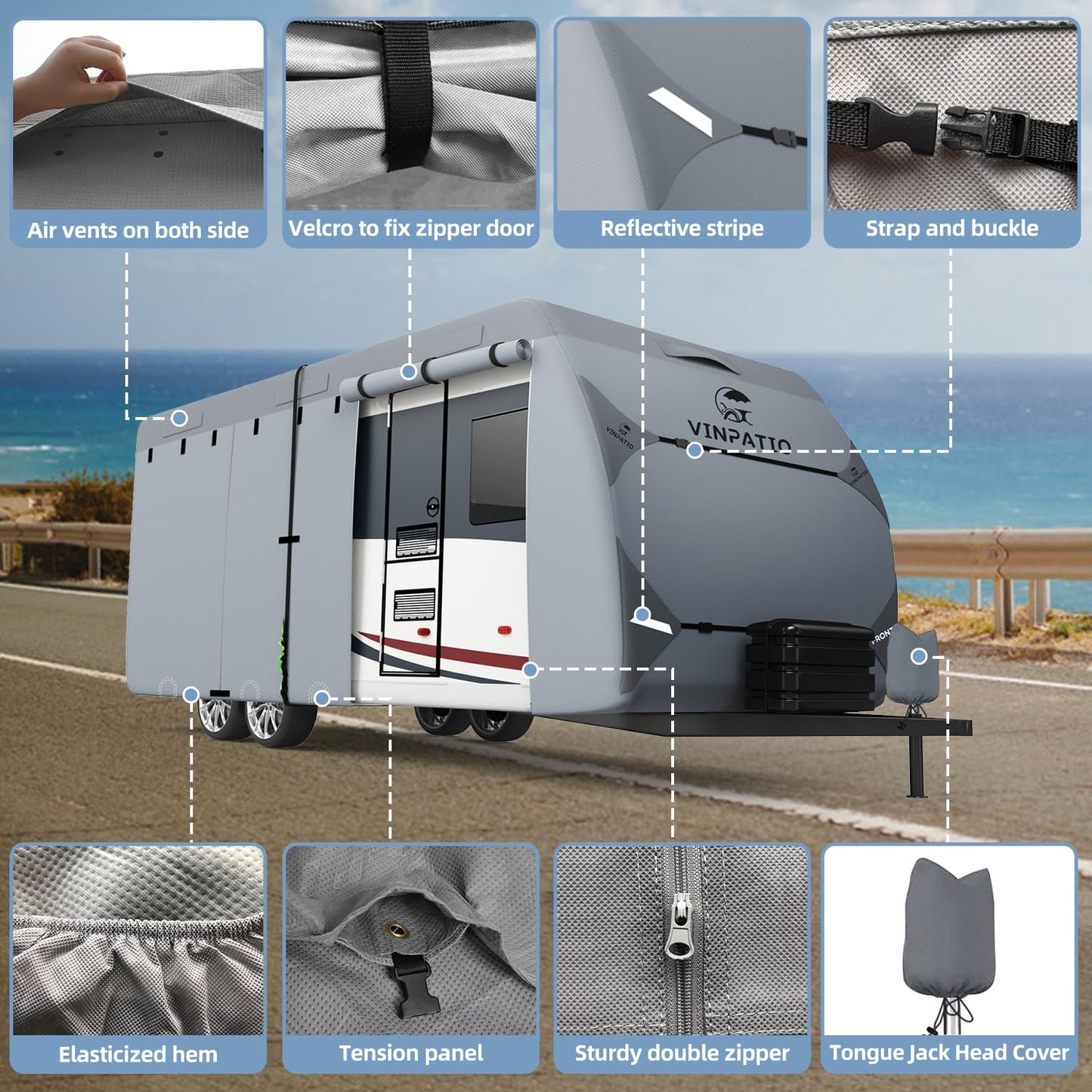 VINPATIO RV Cover, 7 Layers Heavy Duty RV & Trailer Cover, Toy Hauler Cover Fits 35'-38' RV Travel Trailer Camper Cover with Tongue Jack Cover, Extra Windproof Straps, Gutter Covers
