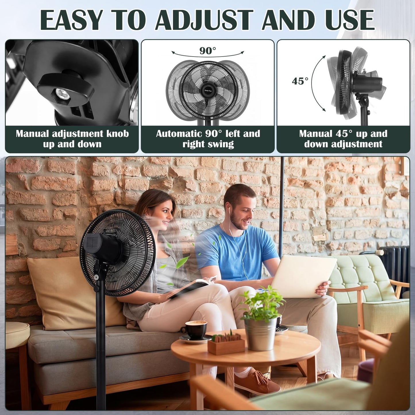 Grinsvalley 16 inch Solar Oscillating Standing Fan with Solar Panel, Portable Rechargeable Mobile Floor Fans, 14400mah Battery, Two Charging Methods, 4 Speeds, for Bedroom Study or Outdoor(Black)