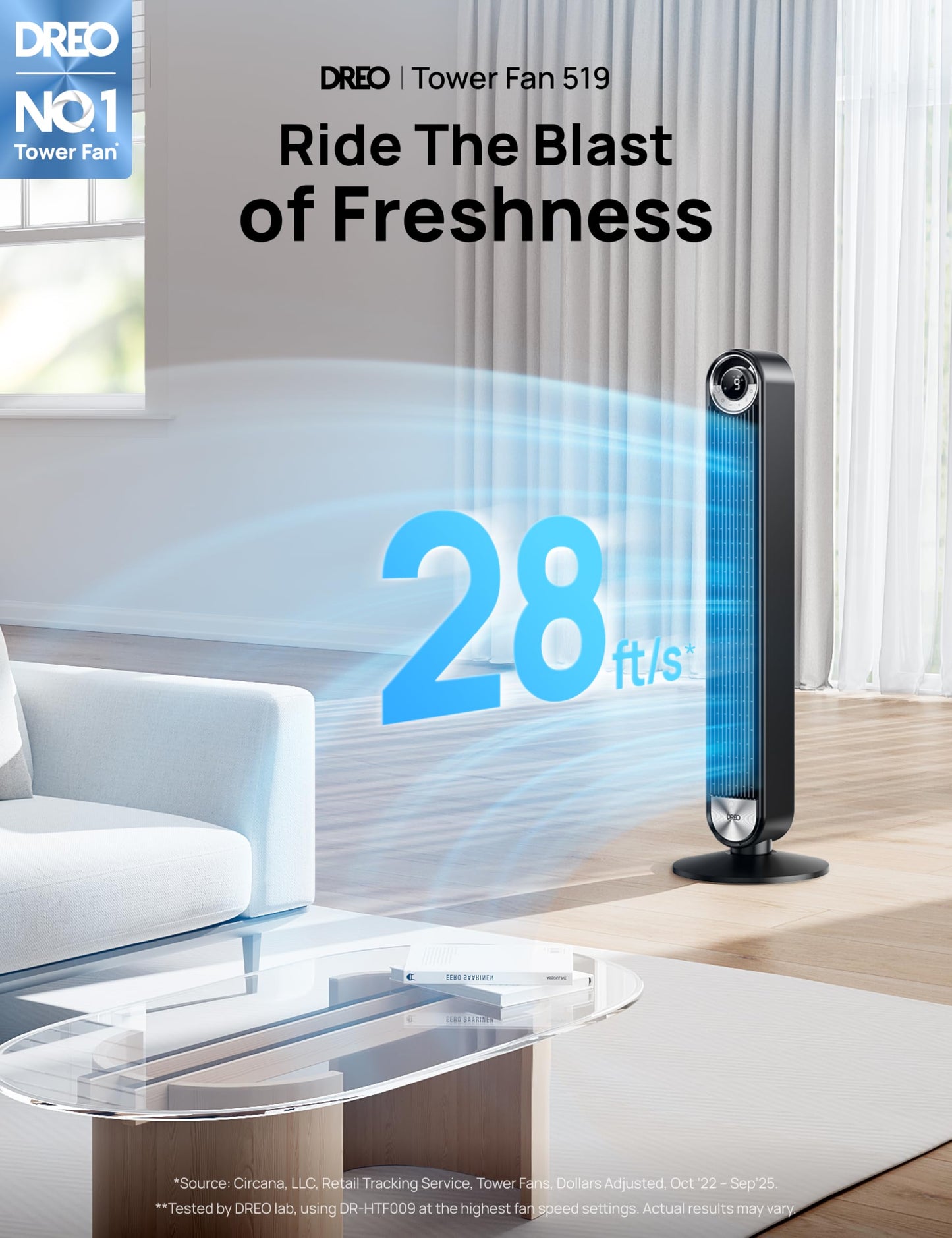 DREO Tower Fan for Bedroom, Upgraded DC 9 Speeds 20dB Ultra-Quiet Floor Fan, 90° Oscillating Fans with 28ft/s Velocity, 12H Timer, Standing Fan, Bladeless Fan Powerful for Home, Black