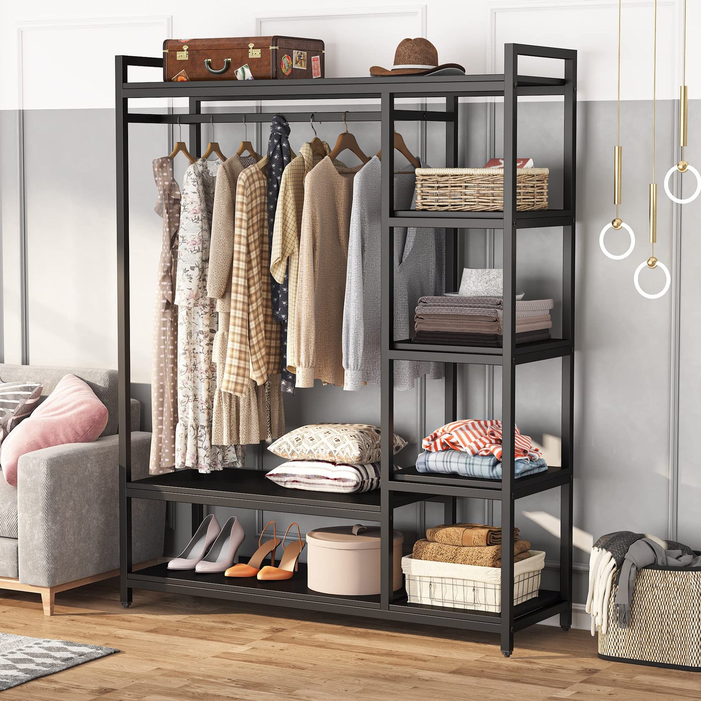 LITTLE TREE Heavy Duty Garment Rack, Portable Closet Wardrobe, 5-Tier Metal Shelving Clothing Rack, Freestanding Closet Organizer, Max Load 250 lb