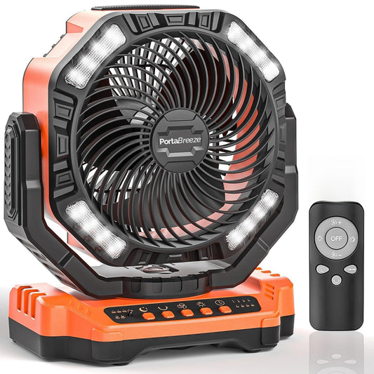 Porta Breeze 40000mAh Rechargeable Camping Fan w Light, Portable Battery Operated High Velocity Floor Table Fan; Oscillating w Timer, Remote for Outdoors, RV, Jobsite, Dorm, Patio, Weather Emergencies