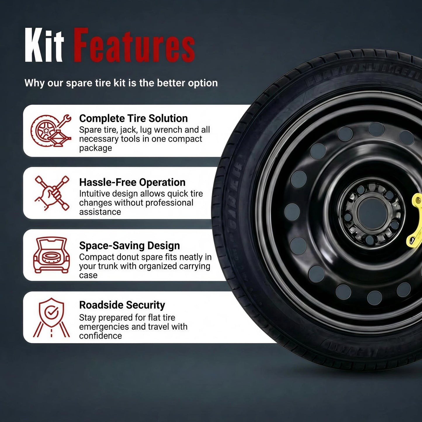 YIFSPARE Spare Tire Kit Compatible with 2018-2026 Forester, 2024-2026 Crosstrek - Includes 18x4 Rim, 145/85R18 Spare Wheel, 27.7" Rolling Diameter, Includes car Jack kit and Spare tire Carrying Case.