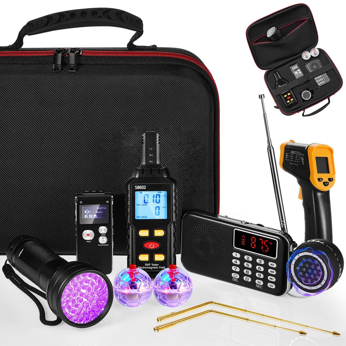 Dunzy 11 Pcs Ghost Hunting Equipment Kit Include Ghost Radio, Electromagnetic Paranormal Radiation Detector, EVP Recorder, UV Flashlight 2 LED Light up Cat Balls Etc(3 in 1 Emf Meter)