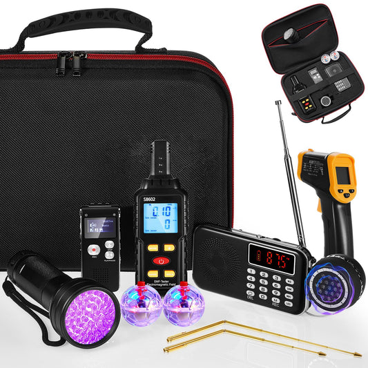 Dunzy 11 Pcs Ghost Hunting Equipment Kit Include Ghost Radio, Electromagnetic Paranormal Radiation Detector, EVP Recorder, UV Flashlight 2 LED Light up Cat Balls Etc(3 in 1 Emf Meter)