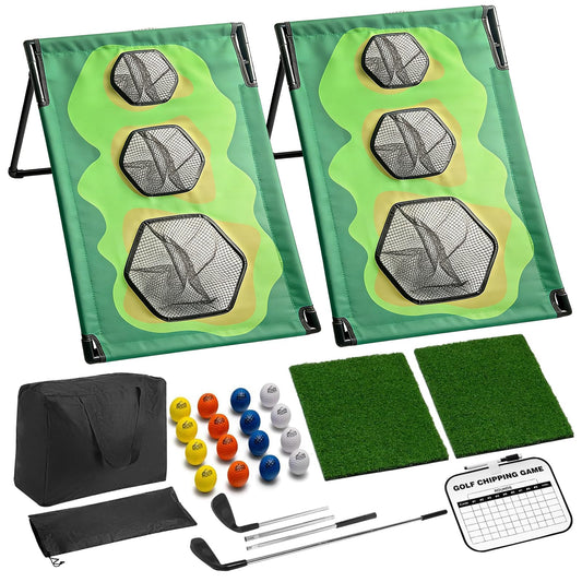 Bpbdzz Golf Chipping Game Set with 2 Clubs & 1 Scoreboard - 2 Target Nets, 2 Turf Mats, 16 Foam Balls, Score Pen & Bag - Indoor/Outdoor Golf Training for Adults/Family