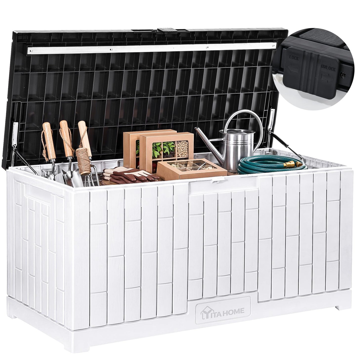 YITAHOME Large Deck Box 120 Gallon Resin Outdoor Storage Box w/Slide-Locking Black Lid, Patio Storage Bin for Outdoor Pillows, Garden Tools and Pool Supplies, Waterproof, Lockable, Grayish-White