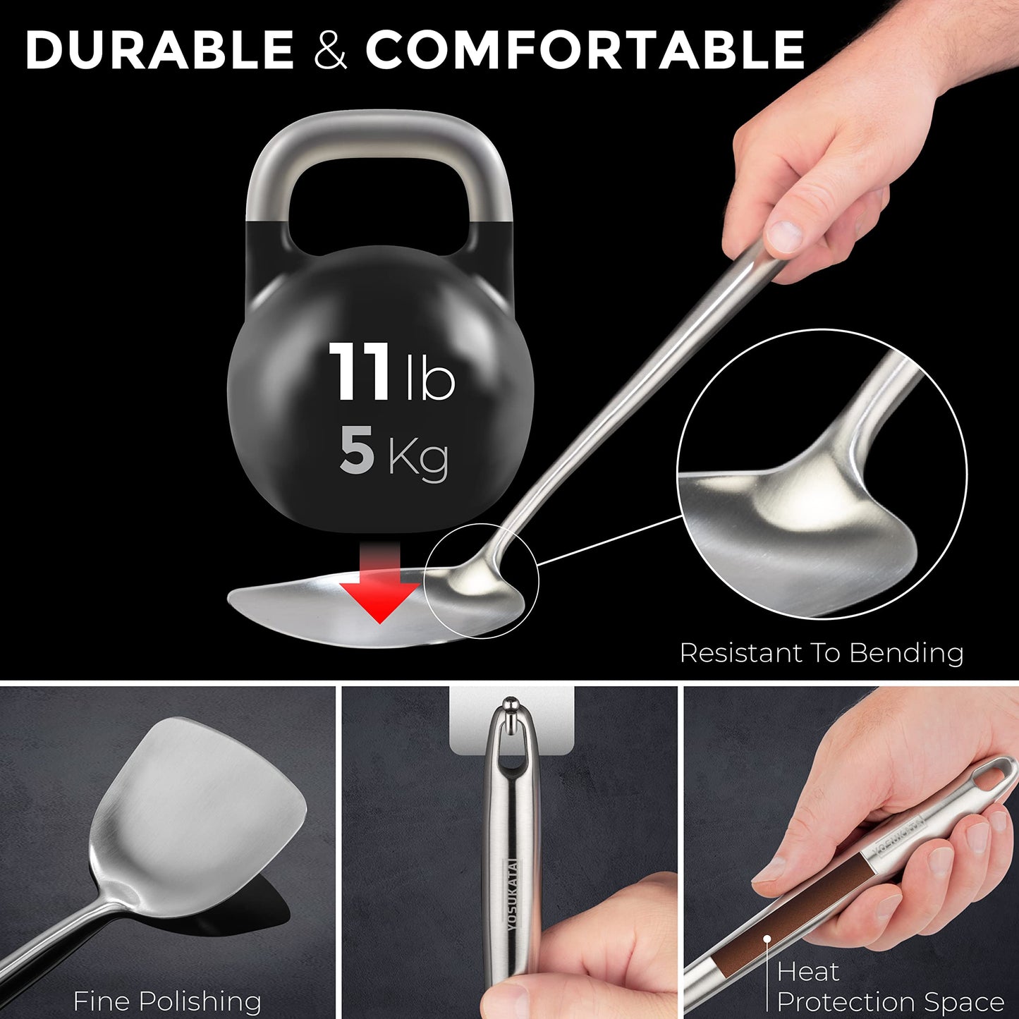 YOSUKATA 13.5" Carbon Steel Wok Pan + 17’’ Wok Spatula and Ladle + Stainless Steel Cutting Board 14.6x10 Inch