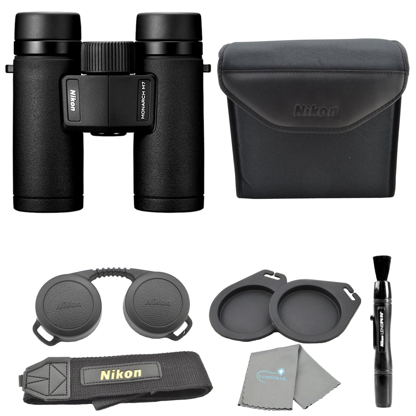 Nikon Monarch M7 8x30 (16763) Black Binoculars Bundle with Lens Pen and Cleaning Cloth, Compact Binoculars for Adults for Hunting, Bird Watching, and Hiking Essentials, Zoom Lightweight Travel