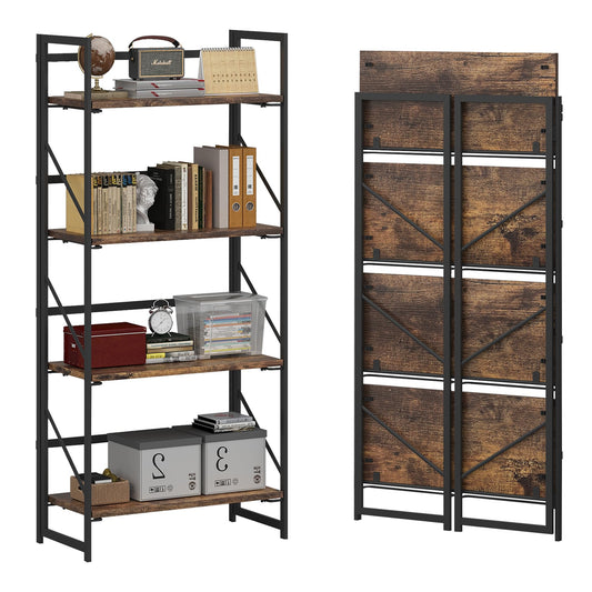JSB No Assembly Folding Bookshelf, 4 Tier Industrial Metal Book Shelf for Storage, Vintage Wood Foldable Bookcase for Living Room, Bedroom, Office Organization Shelves